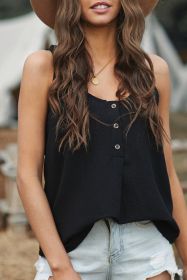 Black Casual Button Textured Cotton Tank Top (size: (US 16-18)XL)