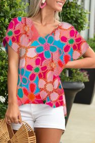 Pink Abstract Print V Neck Short Sleeve Dolman Blouse (size: (US 16-18)XL)