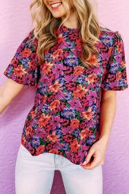 Multicolor Floral Print Round Neck Puff Sleeve Blouse (size: (US 16-18)XL)