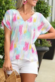 Multicolor Abstract Print V Neck Short Sleeve Dolman Blouse (size: (US 16-18)XL)