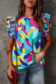 Multicolor Abstract Print Ruffle Sleeve Casual Blouse for Women (size: (US 4-6)S)