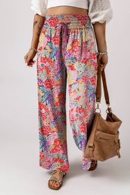 Red Gorgeous Floral Print Drawstring Smocked High Waist Pants (size: (US 16-18)XL)
