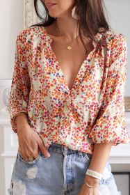 Multicolor Floral Print Boho Button Up Lantern Sleeve Blouse (size: (US 16-18)XL)