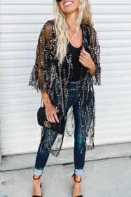Black Sequin Sheer Casual Open Front Cover Up (size: (US 16-18)XL)