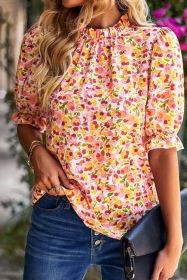 Orange Floral Boho Frill Mock Neck Blouse (size: (US 16-18)XL)