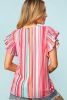 Multicolor Striped Summer Top Ruffle Sleeve Blouse for Women