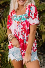 Red Floral Printed Embroidered Square Neck Blouse (size: (US 16-18)XL)