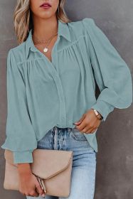 Light Blue Solid Color Button Up Puff Sleeve Casual Pleated Shirt (size: (US 16-18)XL)