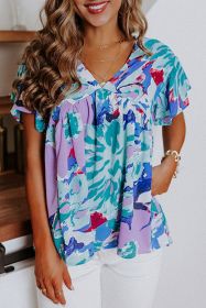 Sky Blue Boho Abstract Print V Neck Flutter Sleeve Blouse (size: (US 4-6)S)