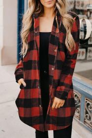 Red Plaid Collared Button Down Long Shirt Shacket (size: (US 16-18)XL)