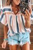 Pink and Blue Stripes Shirt Flutter Sleeve V Neck Blouse