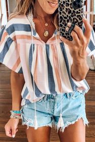 Pink and Blue Stripes Shirt Flutter Sleeve V Neck Blouse (size: (US 4-6)S)