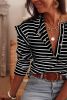 Black Striped Snap Button Casual Long Sleeve Henley Shirt