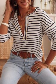 White Striped Snap Button Ruffle Trim Long Sleeve Top (size: (US 16-18)XL)