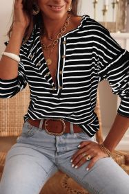 Black Striped Snap Button Casual Long Sleeve Henley Shirt (size: (US 16-18)XL)
