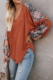 Bohemian Printed Patchwork Sleeve Casual Waffle Texture Top (size: (US 16-18)XL)