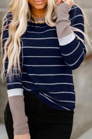 Dark Blue Striped Spliced Color Block Rib Knit Top (size: (US 16-18)XL)