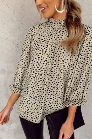 Khaki Leopard 3/4 Ruffle Sleeve Frill Neck Blouse (size: (US 16-18)XL)