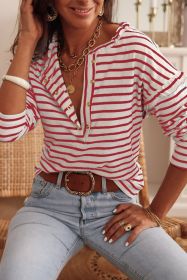 Red Striped Snap Button Frill Neck Long Sleeve Henley Shirt (size: (US 16-18)XL)