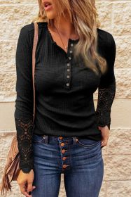 Black Ribbed Lace Crochet Long Sleeve Henley Shirt (size: (US 16-18)XL)