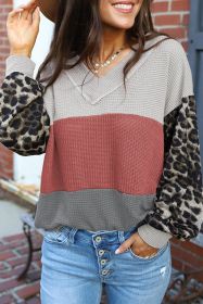 Leopard Print Color Block V Neck Waffle Knit Long Sleeve Top (size: (US 16-18)XL)