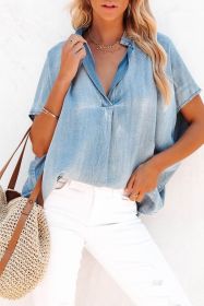 Sky Blue Split V Neck Loose Denim Blouse (size: (US 16-18)XL)