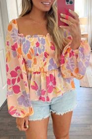 Pink Floral Print Smocked Square Neck Peplum Blouse (size: (US 16-18)XL)