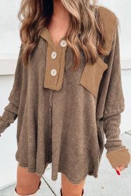 Brown Waffle Pocket Seam Patchwork Loose Knit Top (size: (US 16-18)XL)