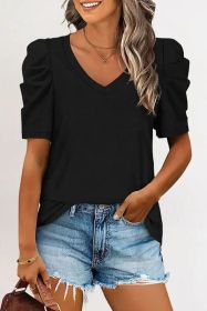 Black Puff Sleeve Casual V Neck T-Shirt (size: (US 16-18)XL)