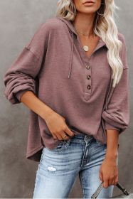 Red Casual Button High Low Hem Drawstring Hoodie (size: (US 4-6)S)