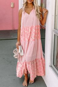 Pink Abstract Print Patchwork Sleeveless V Neck Tiered Dress (size: (US 16-18)XL)