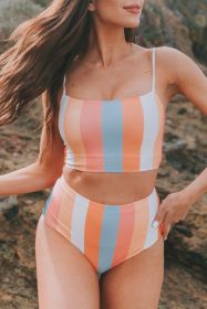 Orange Striped Colorblock High Waist Two Piece Swimsuit (size: (US 8-10)M)