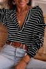 Black Striped Snap Button Casual Long Sleeve Henley Shirt
