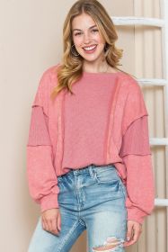 Rose Lighted Washed Waffle Knit Patchwork Sweatshirt (size: (US 16-18)XL)