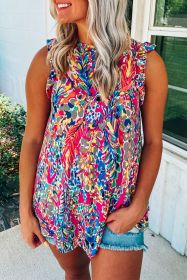 Rosy Boho Abstract Print Ruffle Babydoll Sleeveless Shirt (size: (US 16-18)XL)
