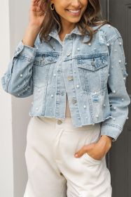Sky Blue Pearls Beading Cropped Denim Jacket (size: (US 16-18)XL)