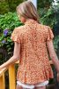 Orange Boho Ruffle Neck Flounce Sleeve Floral Blouse