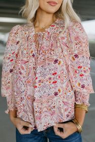 Red Boho Paisley Print Shirred Cuffs Blouse (size: (US 16-18)XL)