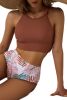 Brown Tropical Print Back Split Color Block High Waisted Swimsuit
