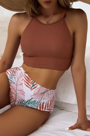 Brown Tropical Print Back Split Color Block High Waisted Swimsuit (size: (US 8-10)M)
