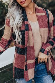 Red Plaid Casual Draped Open Front Cardigan (size: (US 16-18)XL)