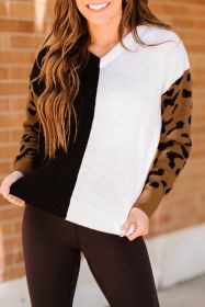 White & Black Color Block Cheetah Print Sleeve V Neck Sweater (size: (US 16-18)XL)