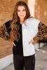 White & Black Color Block Cheetah Print Sleeve V Neck Sweater