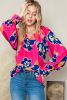 Rose Floral Print V Neck Puff Sleeve Blouse