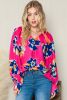 Rose Floral Print V Neck Puff Sleeve Blouse