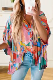 Multicolor Abstract Print Half Batwing Sleeve Loose Blouse (size: (US 16-18)XL)