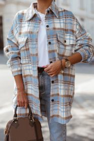 Sky Blue Plaid Flap Pocket Long Sleeve Shacket (size: (US 16-18)XL)