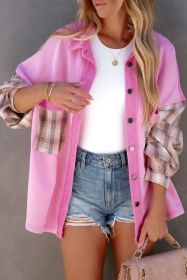 Rose Plaid Patchwork Chest Pockets Oversized Shirt Shacket (size: (US 16-18)XL)