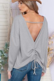 Grey Waffle Knit Cinched Backless Drop Shoulder Long Sleeve Top (size: (US 16-18)XL)