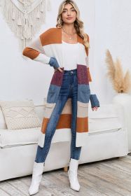 Multicolor Knitted Color Block Open Front Long Cardigan (size: (US 16-18)XL)